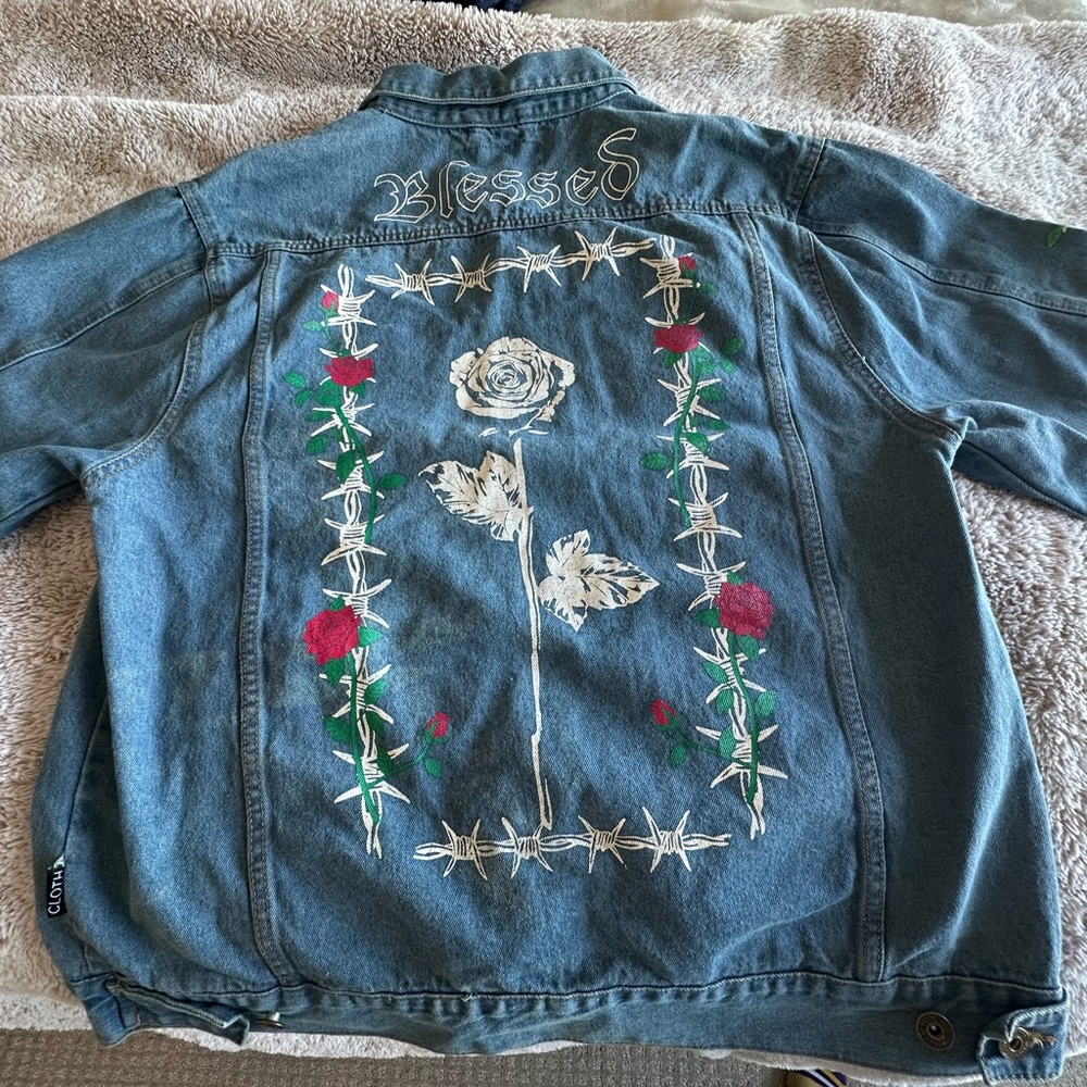 Blessed Denim Jacket with Floral Embroidery